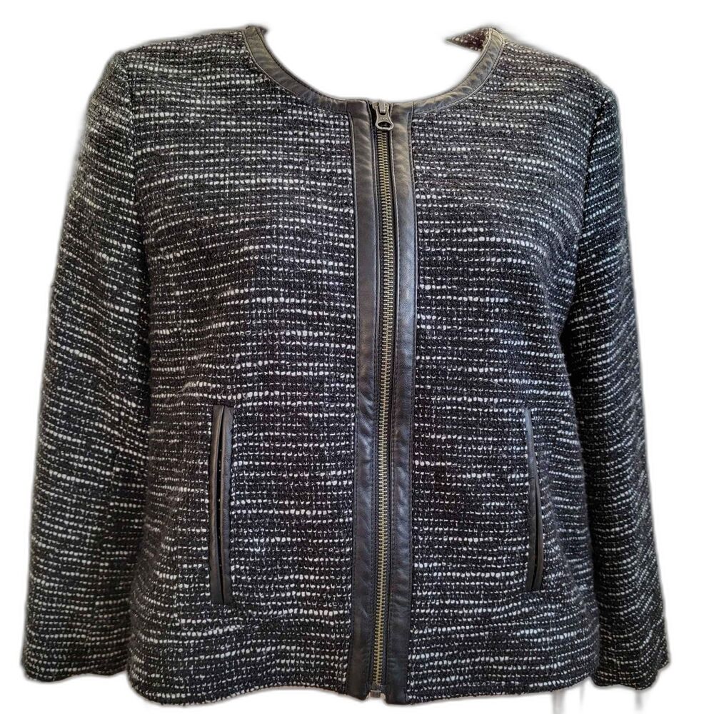 Loft Petites Black Tweed Collarless Zip Blazer W Faux Leather Accents SP (LF)